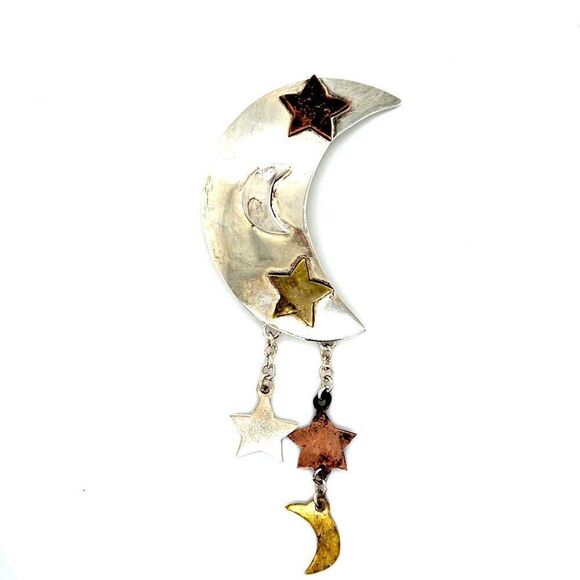 Silver 925 Moon & Stars Brooch - Picture 1 of 6